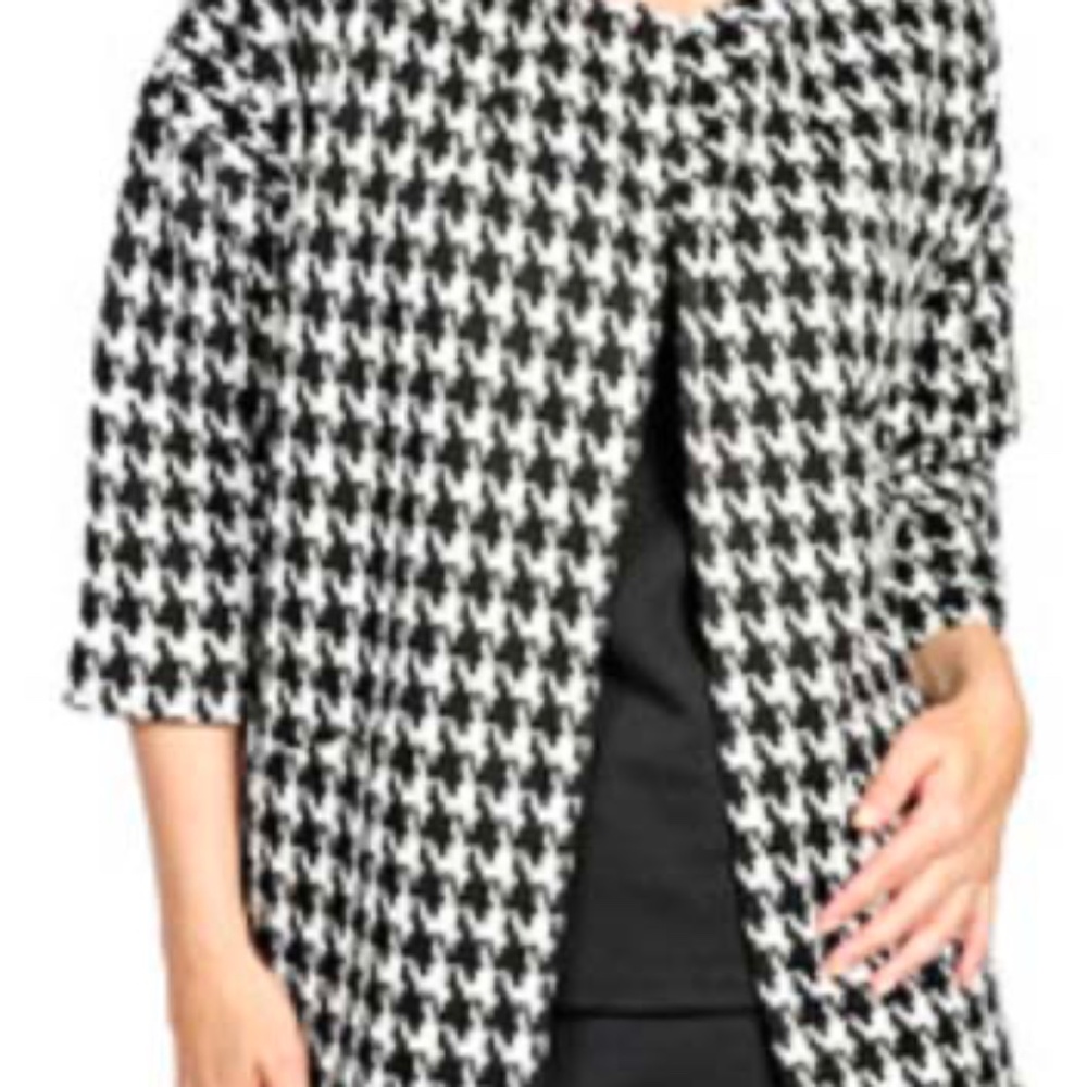 HOUNDSTOOTH KNIT JACKET, JOAN RIVERS, BLACK/WHITE, SIZE 3X, NO COLLAR, ¾ SLEEVES